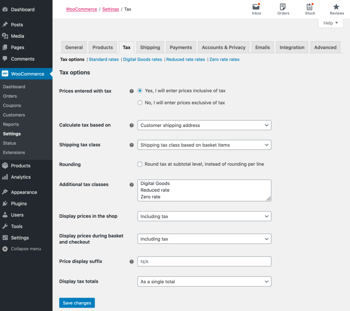 A view of the setting found under the Tax tab. 