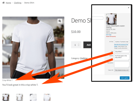 Two screenshots pointing showing the Title and Caption fields, and what they change on the Product page.