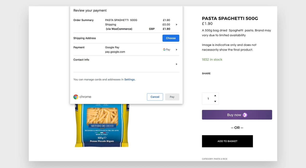 pop-up payment option thanks to Stripe and Google Pay