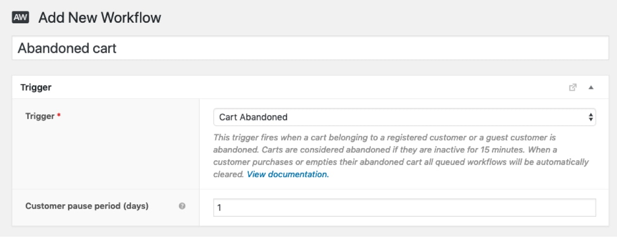 abandoned cart email workflow in AutomateWoo