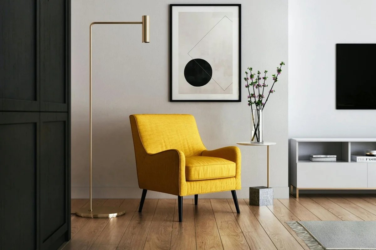 living room with a bright yellow chair