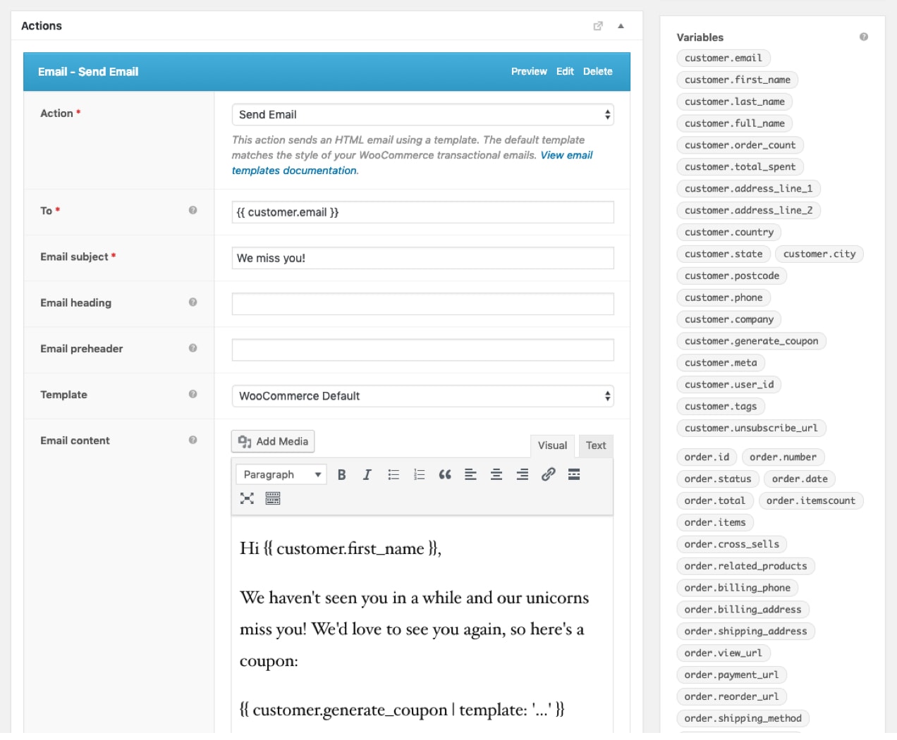 screenshot from AutomateWoo of creating a win-back email