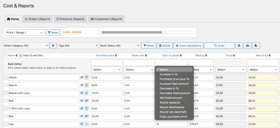 Cost & Reports - bulk functions