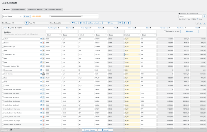 Cost & Reports for WooCommerce - editor home