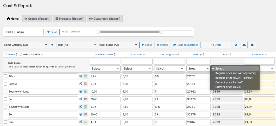 Cost & Reports - prices