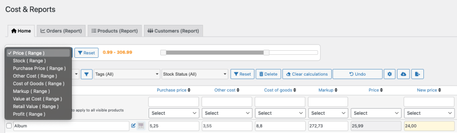 Cost & Reports - range filter