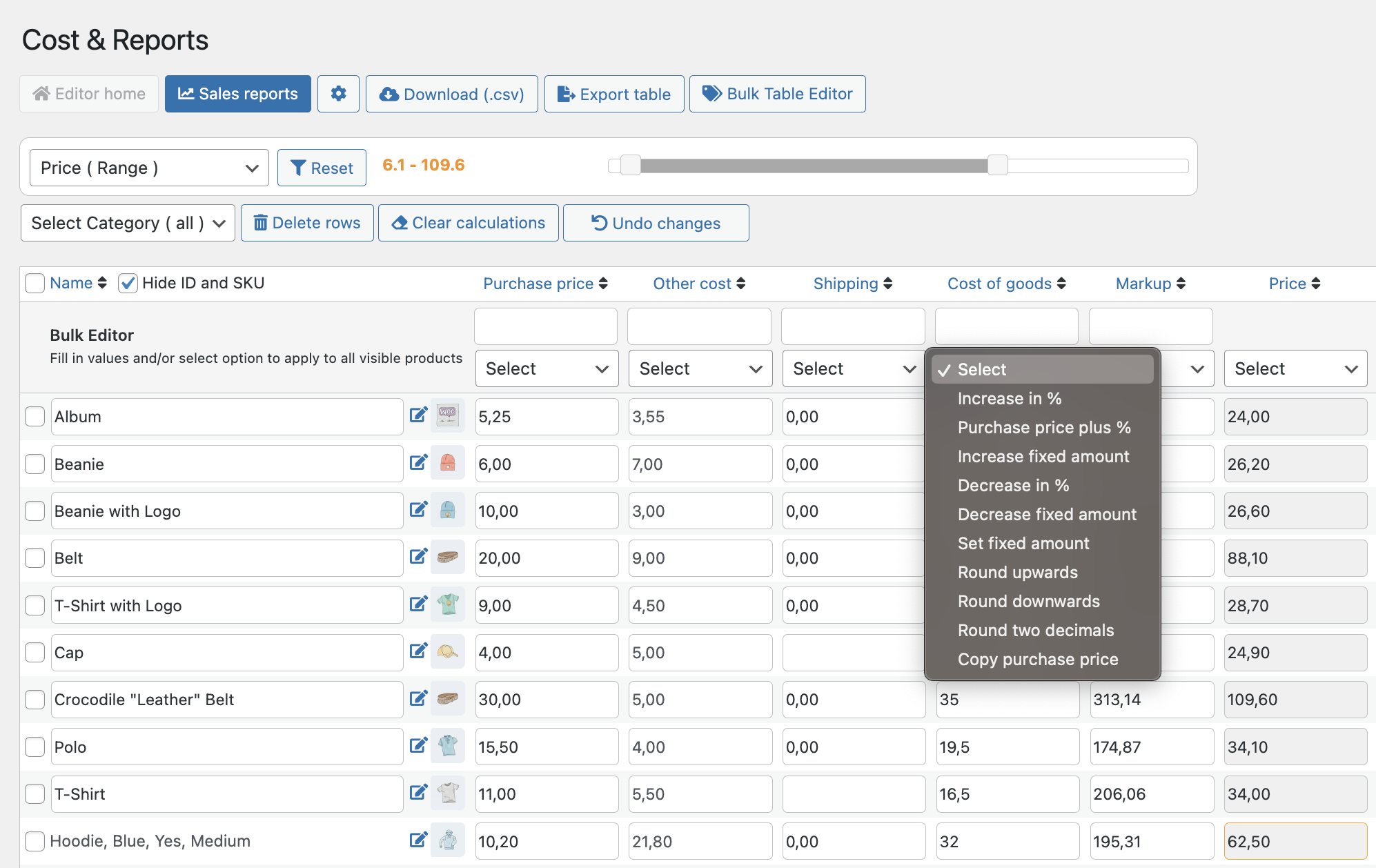 Cost & Reports - bulk functions