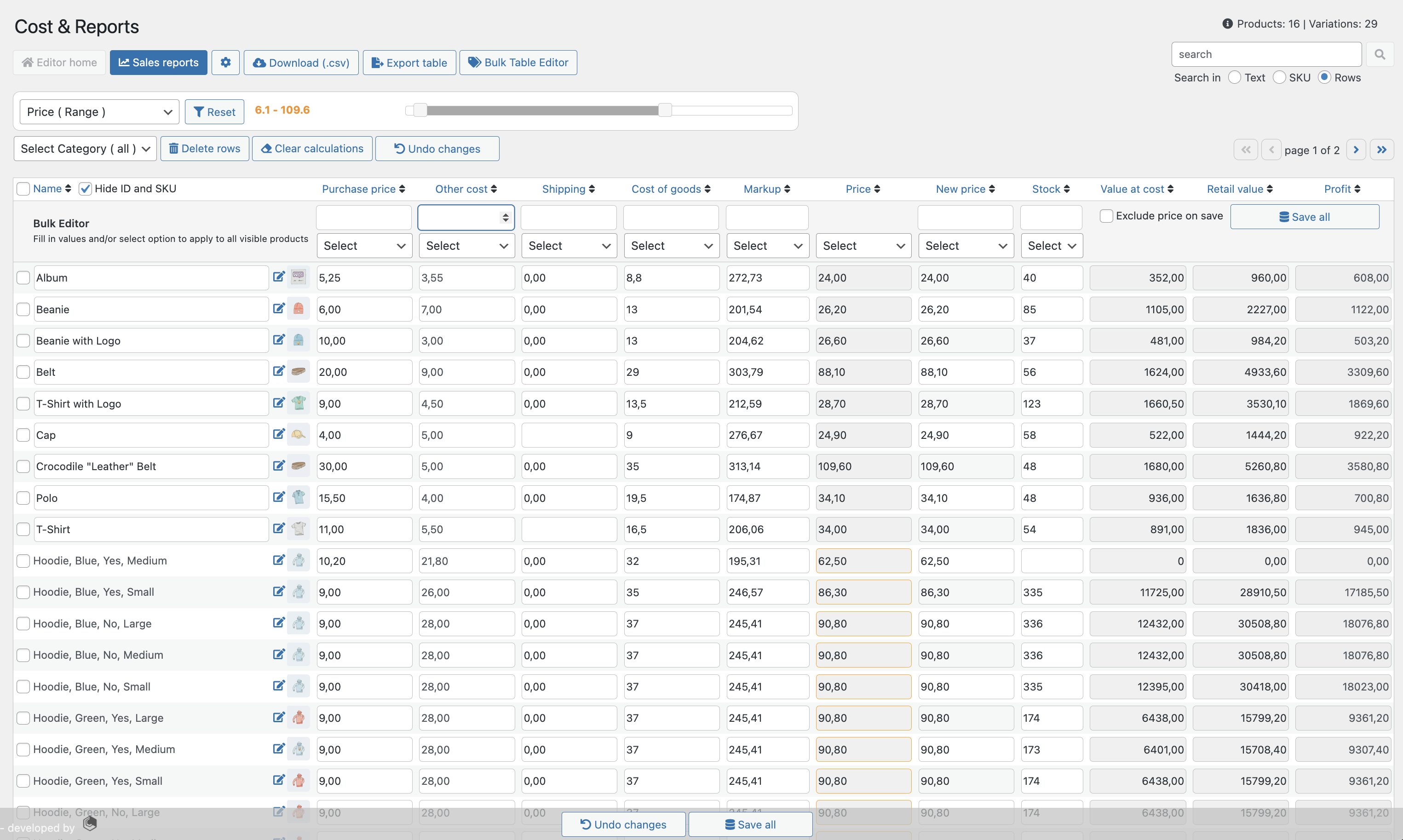 Cost & Reports - editor home