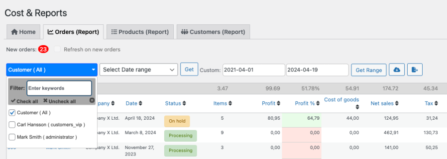 Cost & Reports for WooCommerce - customer filter