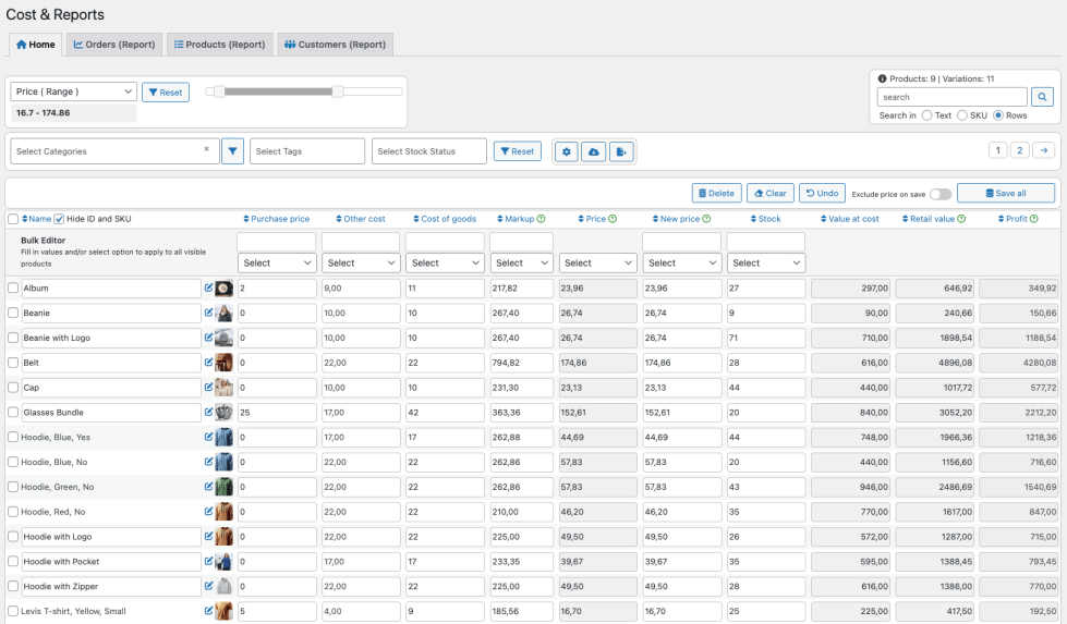 Cost & Reports - home tab