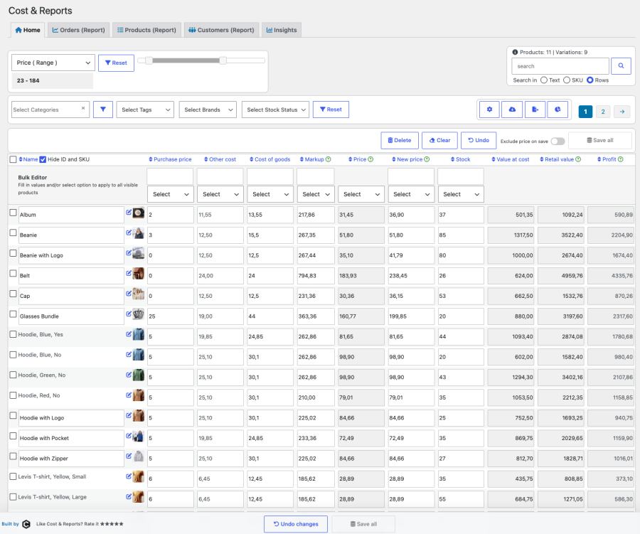 Cost & Reports - home tab