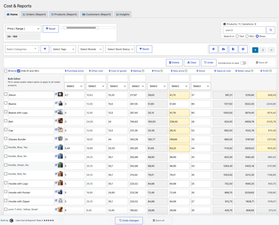 Cost & Reports - home tab