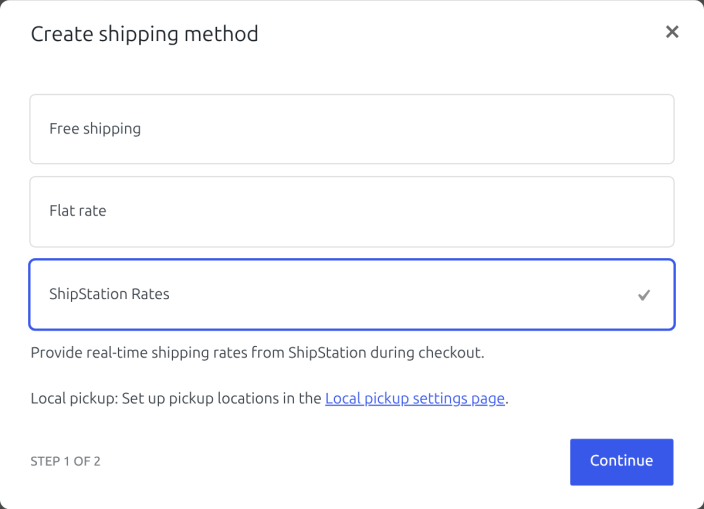 Screenshot of the Create shipping method dialog with ShipStation Rates selected.