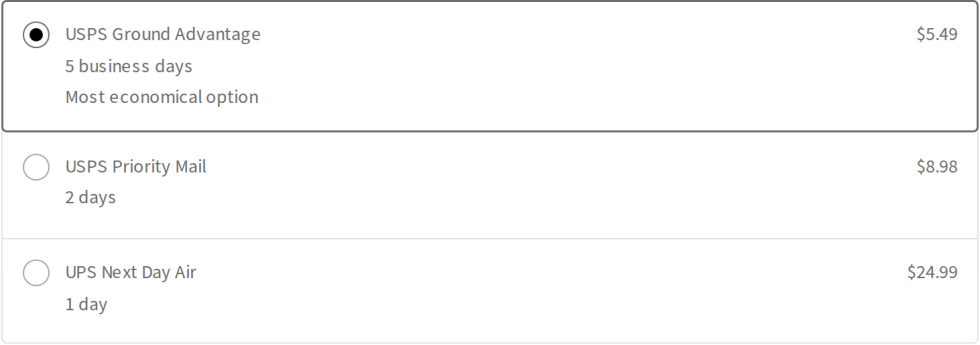 Screenshot of the checkout shipping options showing three live ShipStation rates with prices and delivery estimates.