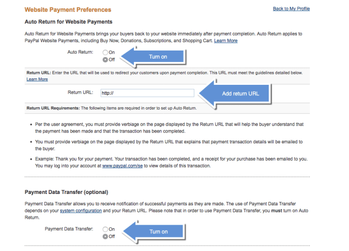 Configure PayPal website settings