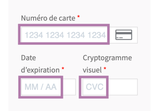 Screenshot indicating the placeholder text seen in a Stripe credit card form