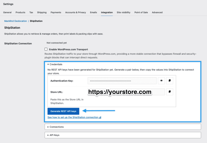 Image of the Credentials box in the ShipStation Connection section of the settings.