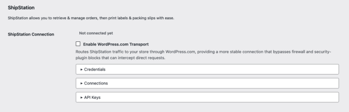 Screenshot of the ShipStation Connection section of the plugin settings.