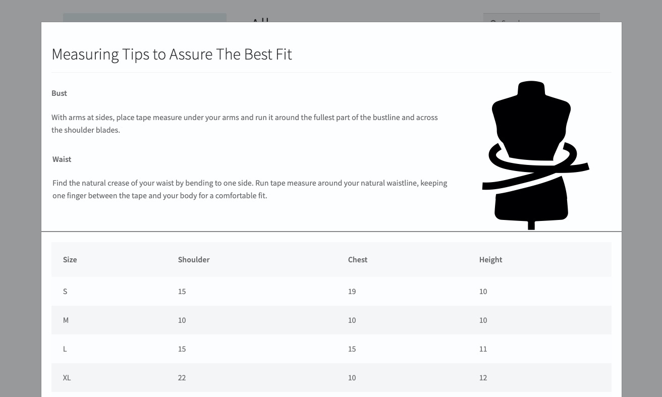 Woocommerce Size Chart With Conversion Cm To Inches And Tabs