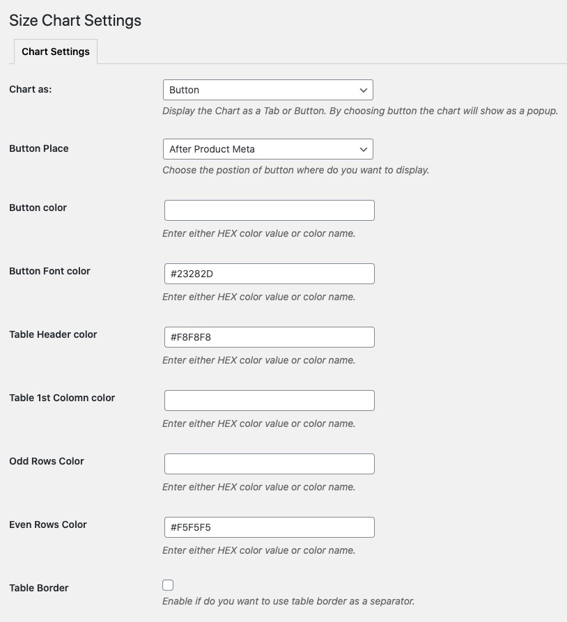 WooCommerce Size Chart Button