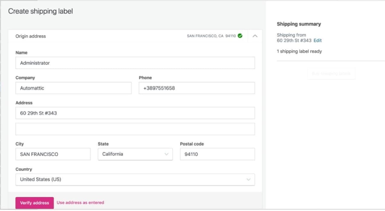 creating a shipping label with WooCommerce Shipping