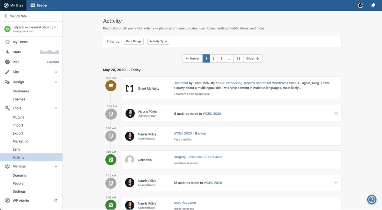 Jetpack activity log with a history of all website changes