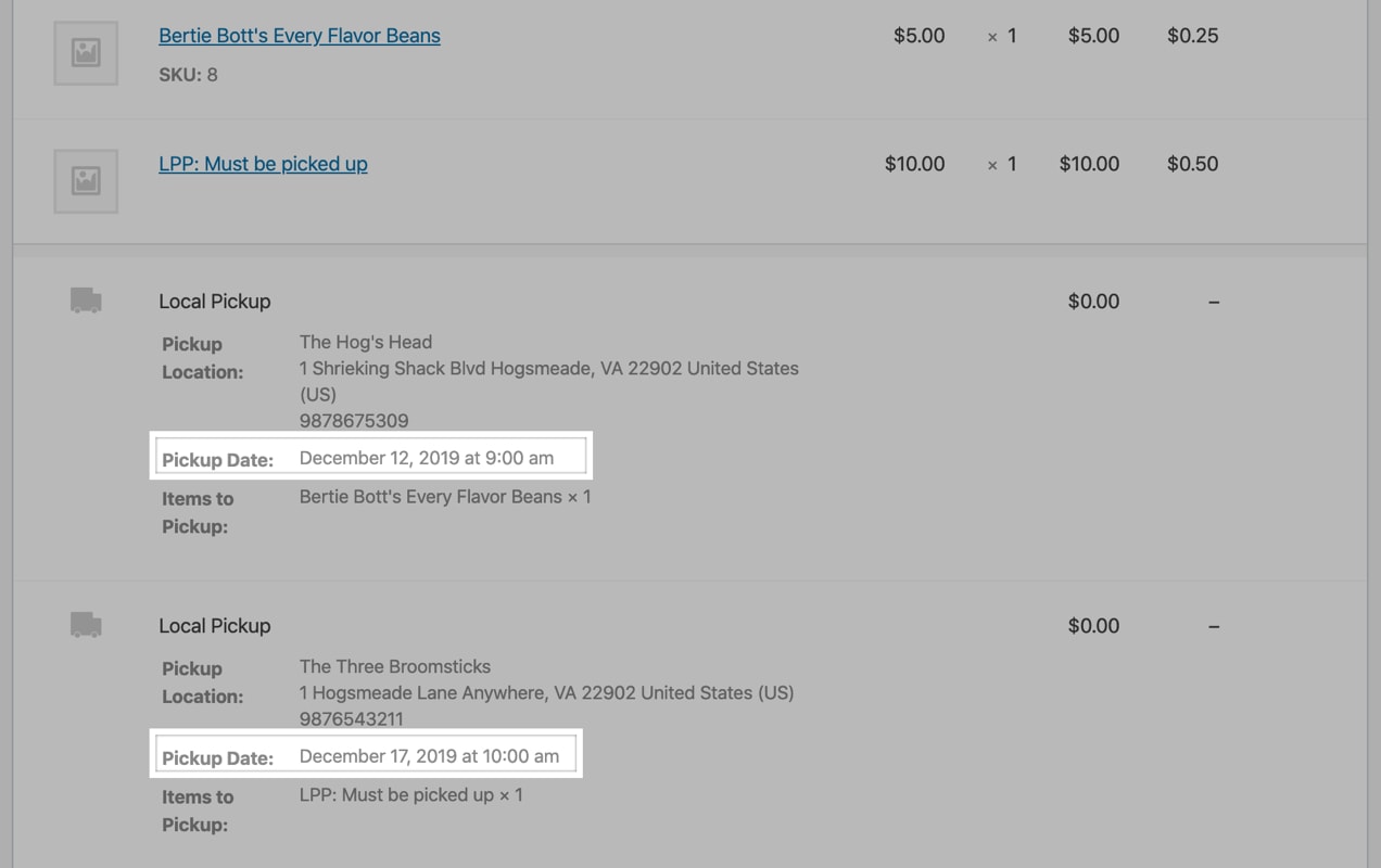 store pickup dates and times shown on the customer's account