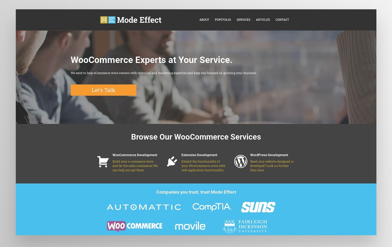 Mode Effect website with a dark grey and black color scheme