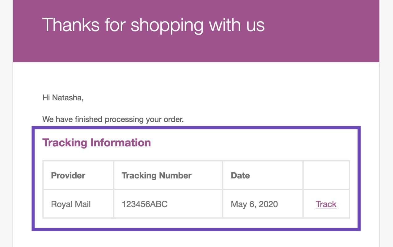 tracking number on a confirmation page