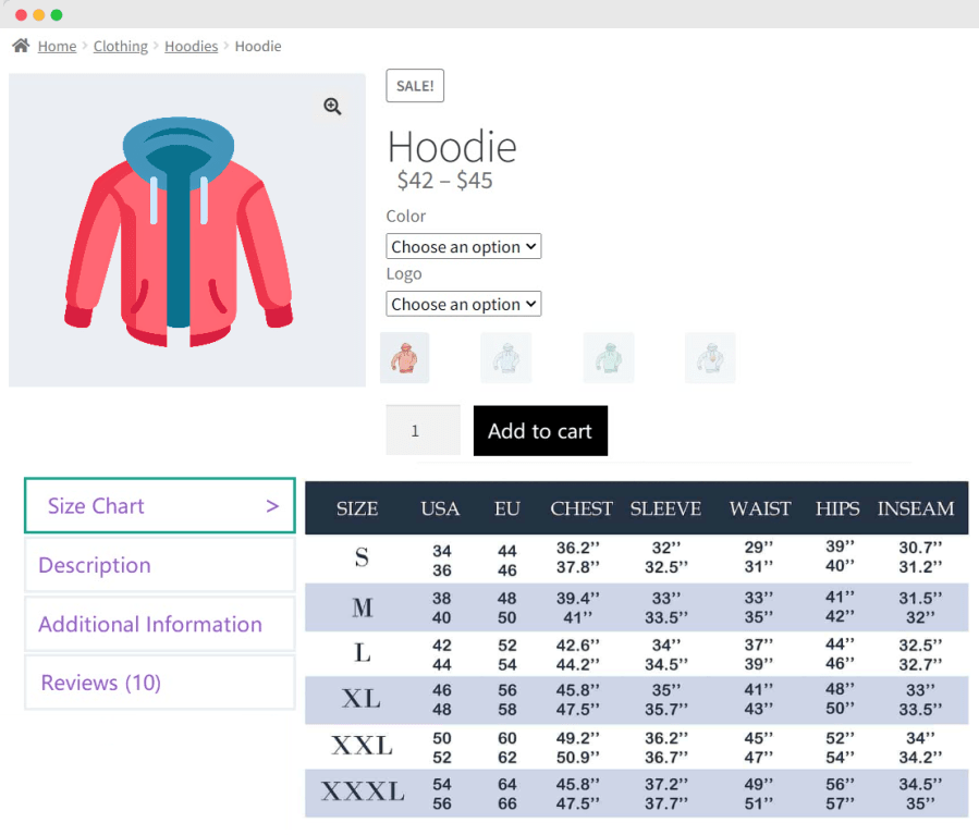 tabla de tallas para woocommerce