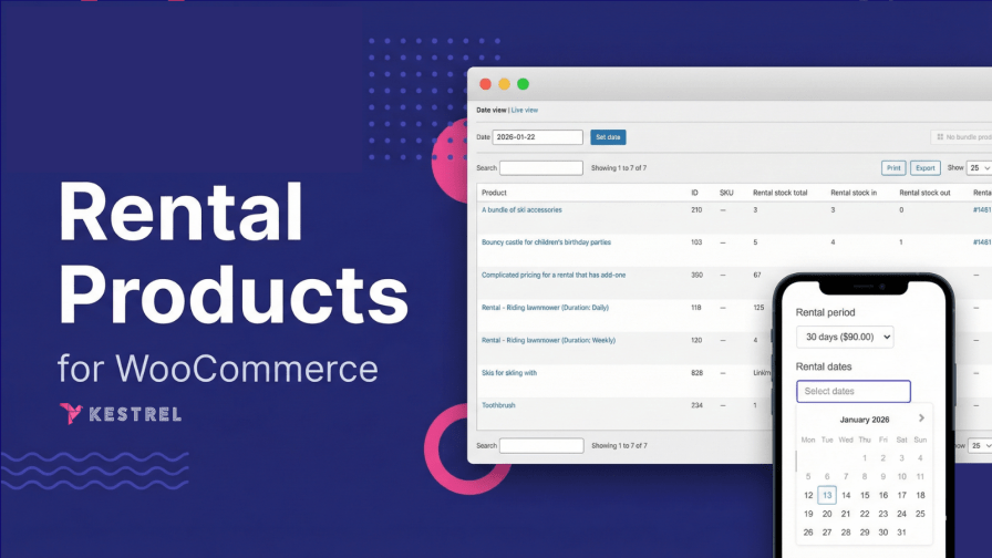 Hero image for Rental Products - showing the inventory admin and the frontend product page calendar selection