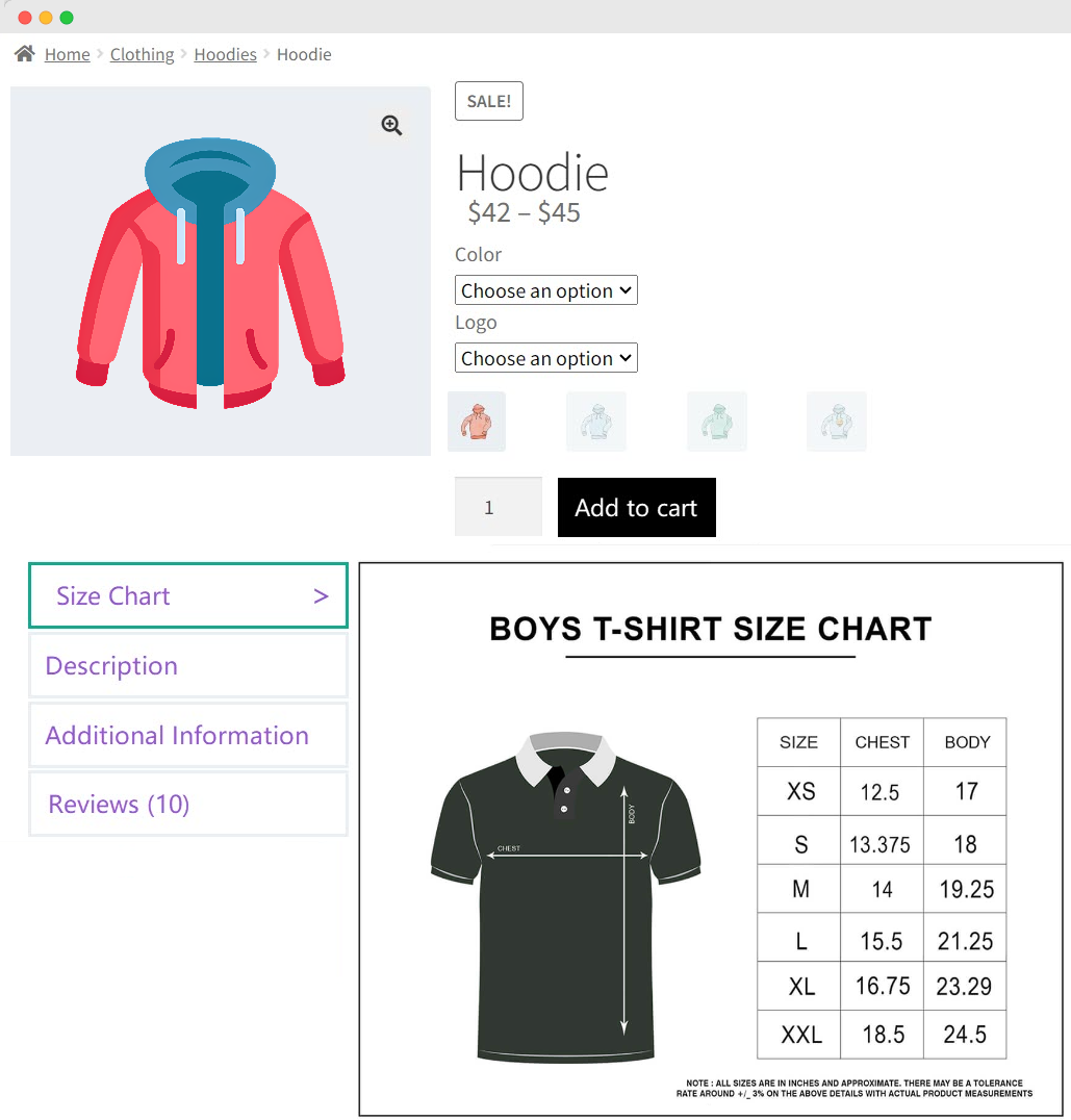 size chart for woocommerce