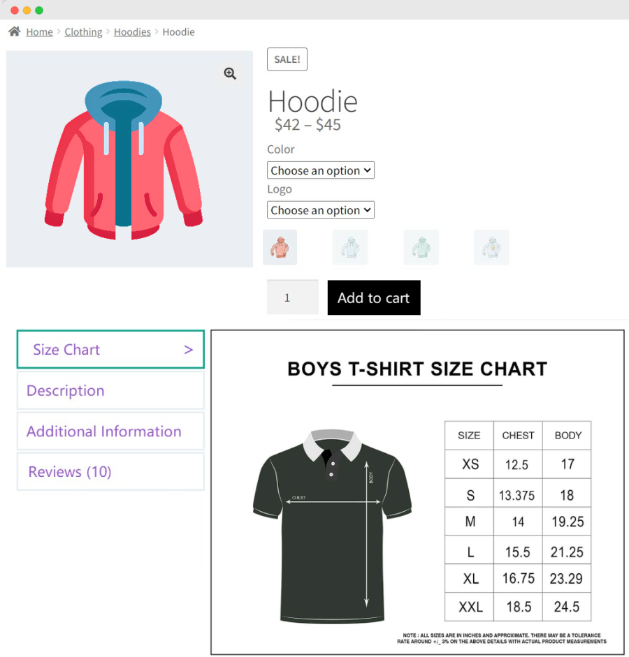 tableau de tailles pour woocommerce