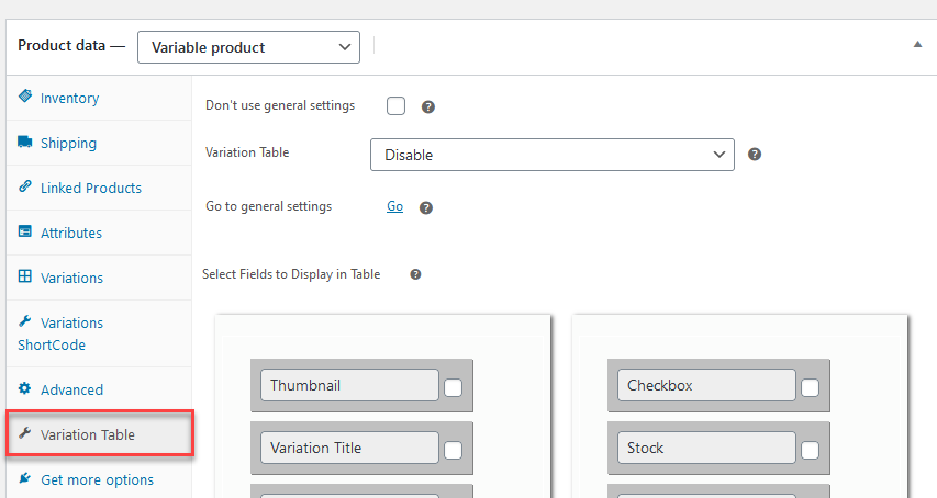 WooCommerce variation table