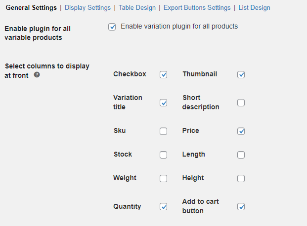 Customize Variation Table Columns