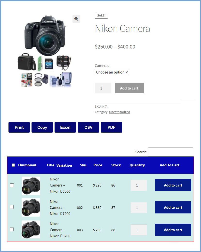 WooCommerce Variation Table