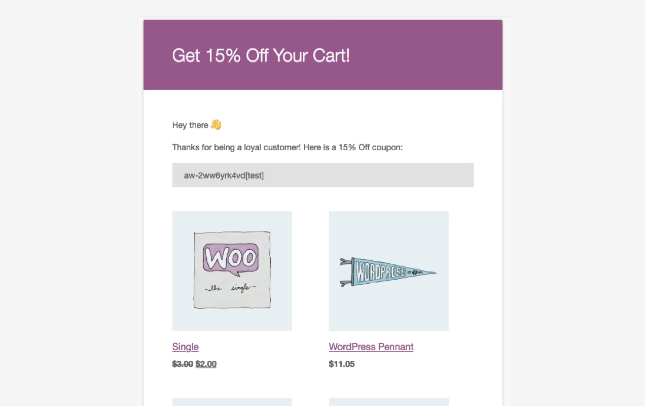 15% off email from automatewoo