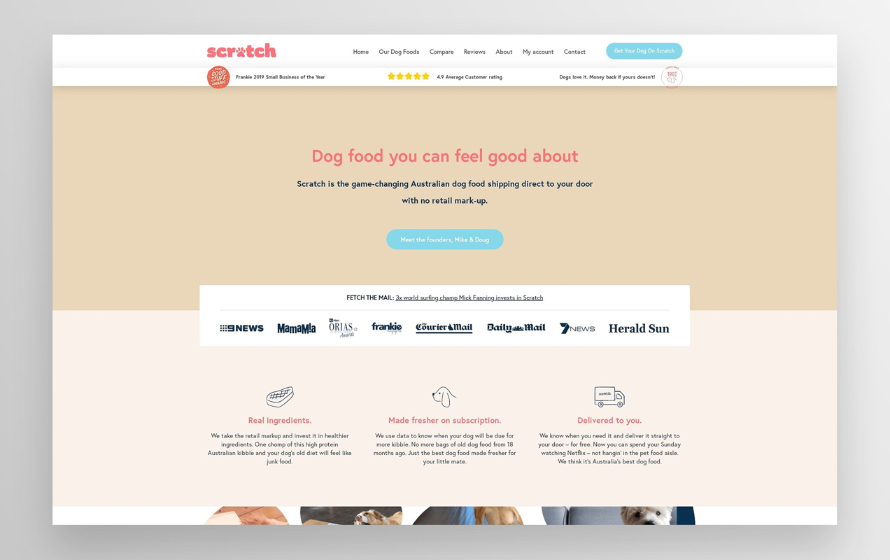 Scratch home page with information about their dog food