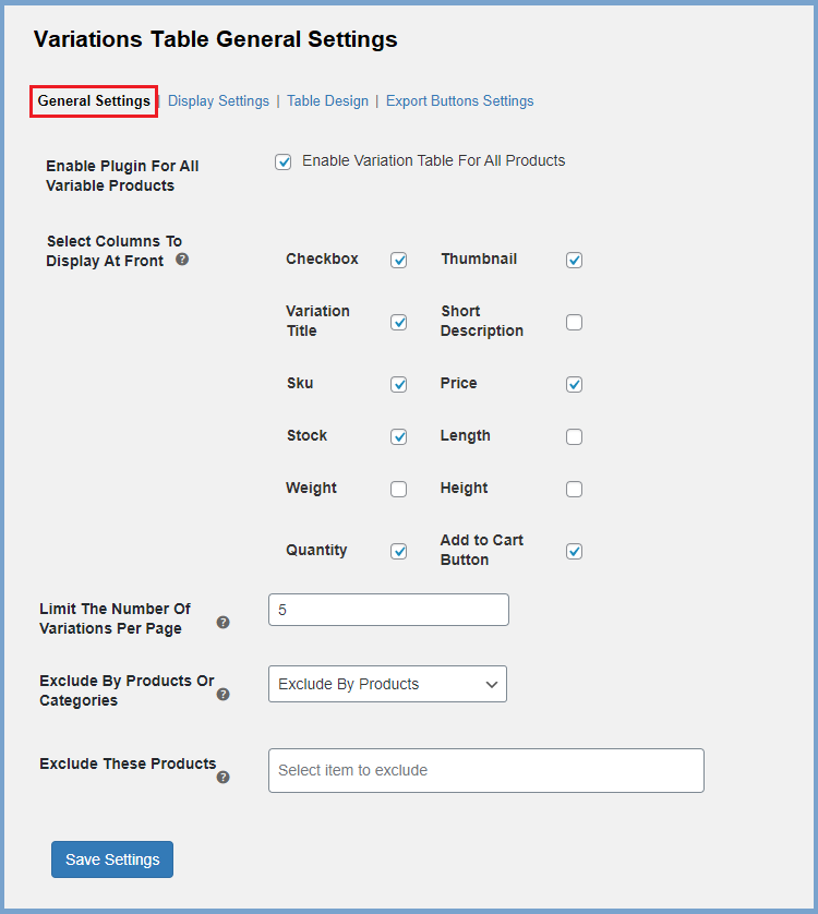 WooCommerce Variation Table