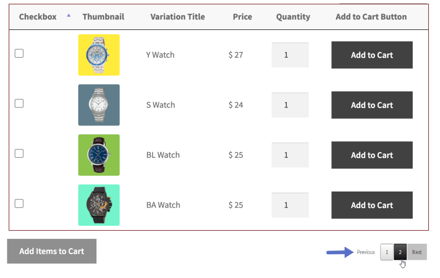 Select Variation Table Position and Add Pagination