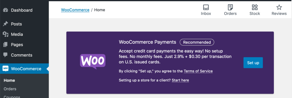 WooCommerce > Setup payments task screenshot