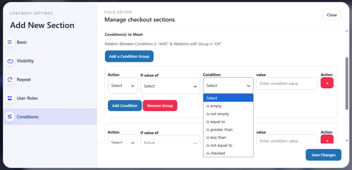 Conditions Logic Settings