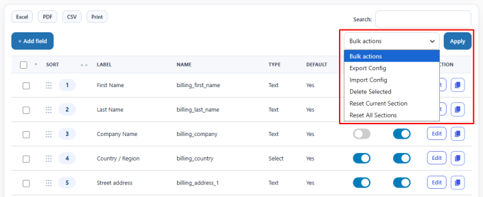 Bulk Actions for Each Checkout Section