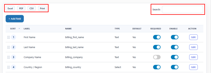 Search, Export, or Print Checkout Fields