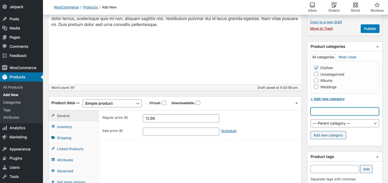 WooCommerce product page, showing pricing fields