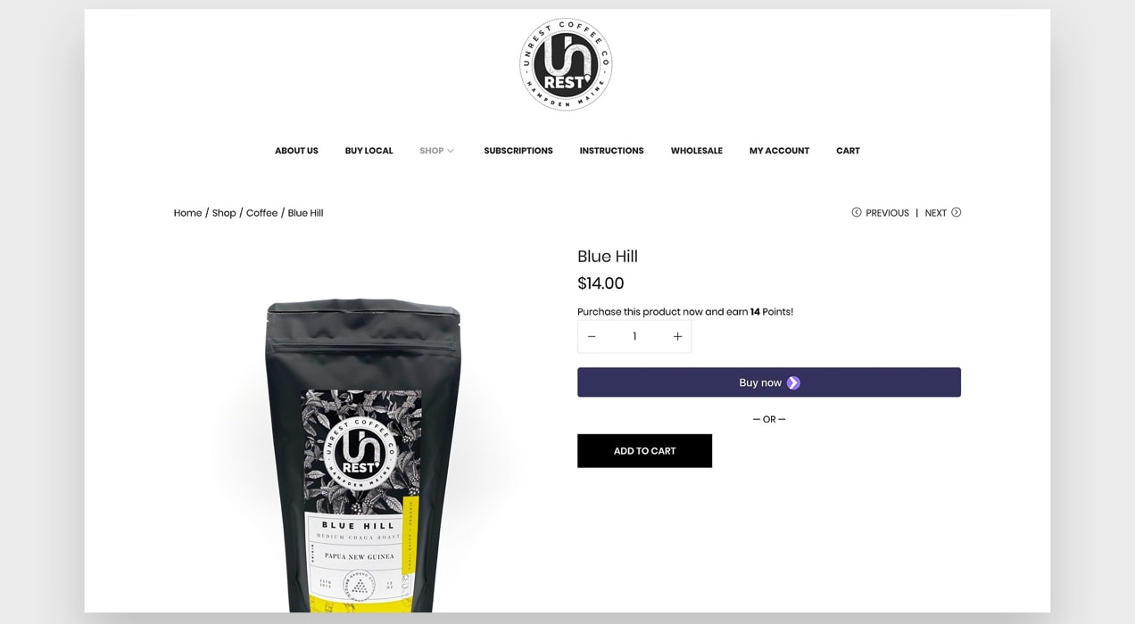 Unrest Coffee product that offers points in exchange for purchase