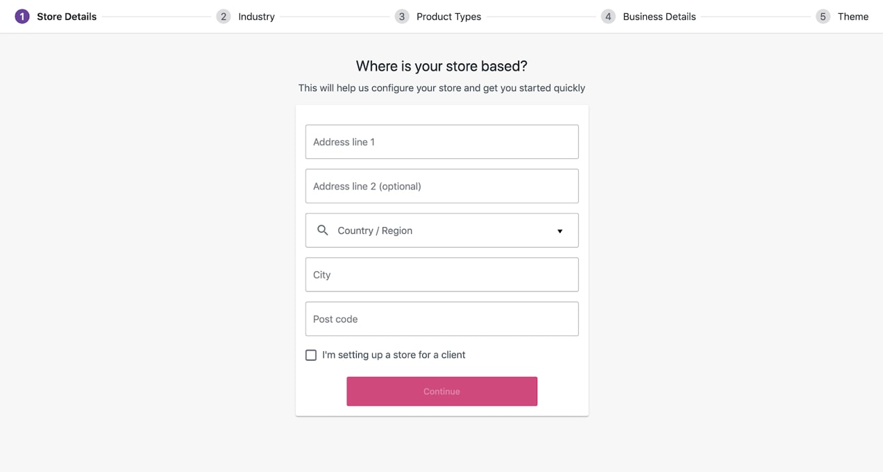the WooCommerce setup wizard in action