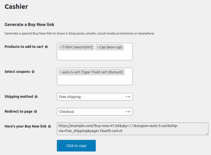 Cashier for WooCommerce - Generate Buy Now link