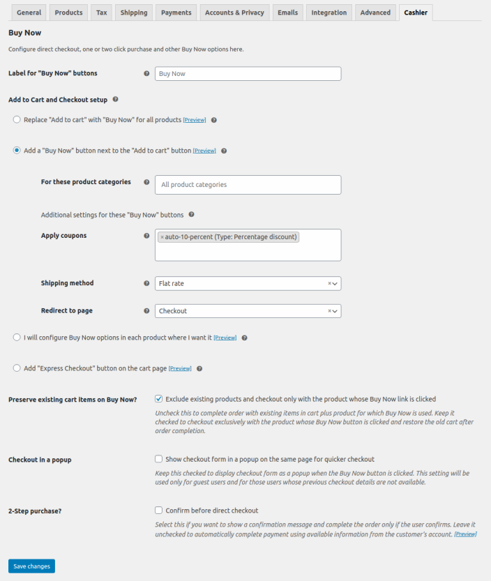 Cashier for WooCommerce - Buy Now settings