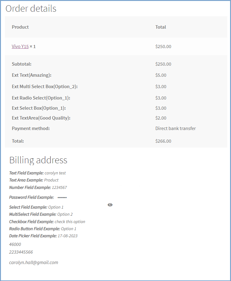 Display or hide the custom checkout fields in the order details page or your emails using the checkbox option.